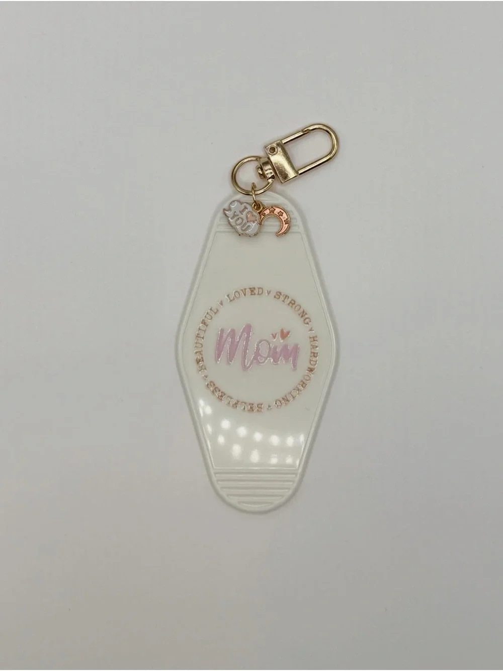 Mom Keychain Charm in White and Pink with Gold Hardware